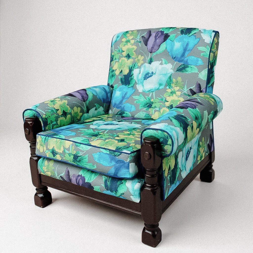 Floral Armchair Reupholstery – Bold Blue & Green Print