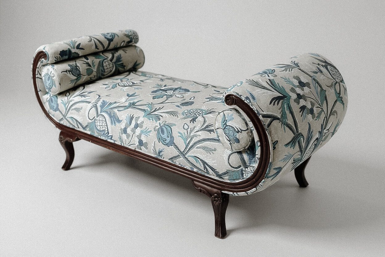 Antique Chaise Reupholstery – Fresh Blue Tropical Pattern