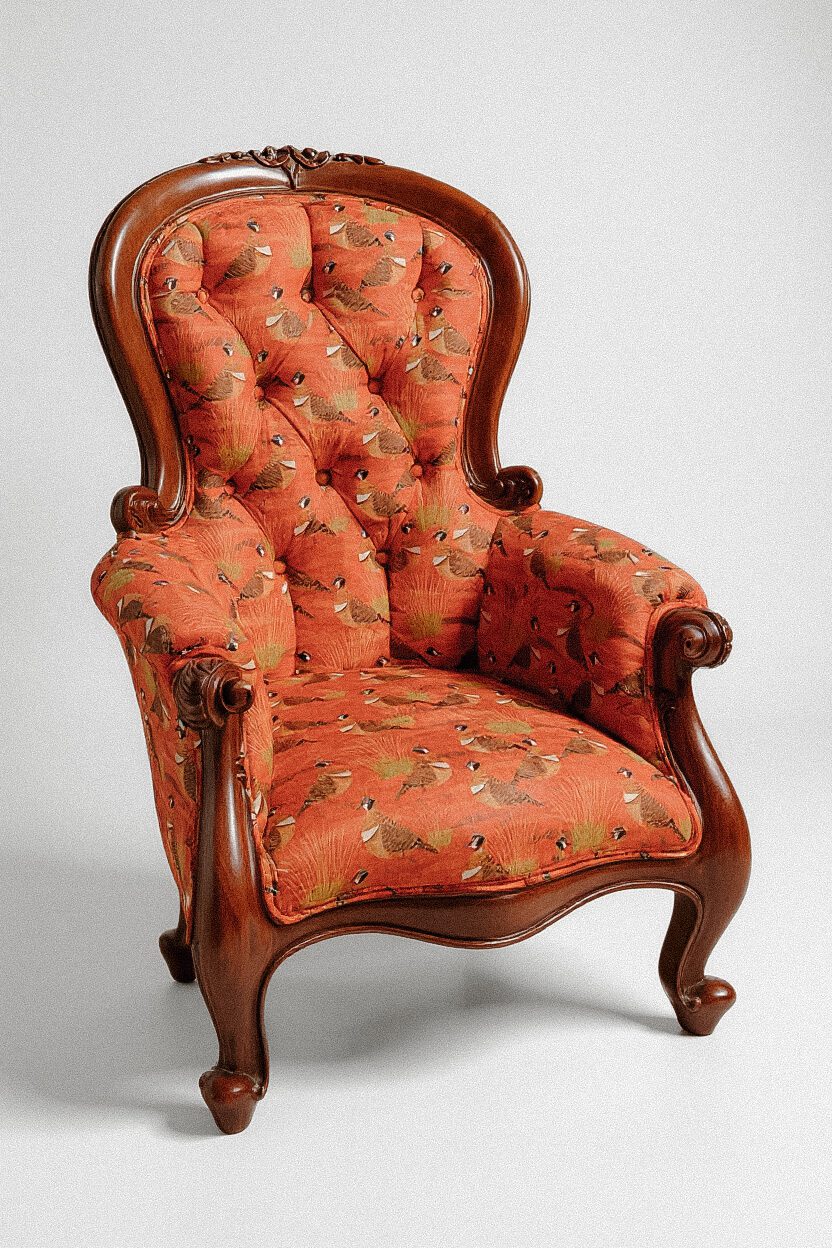 Victorian Armchair Reupholstery – Orange Bird Pattern