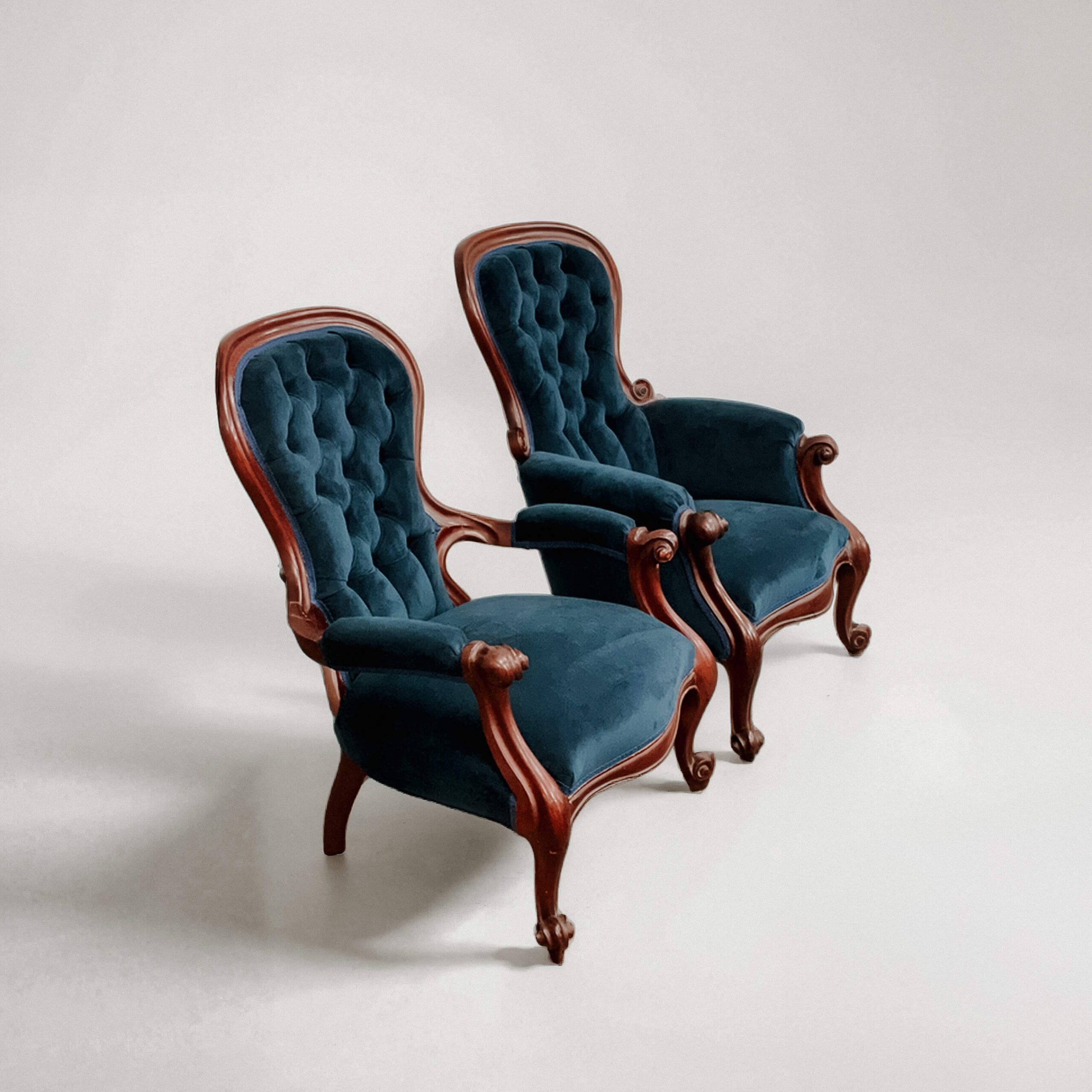 Pair of Antique Victorian Armchairs – Navy Blue Velvet Upholstery