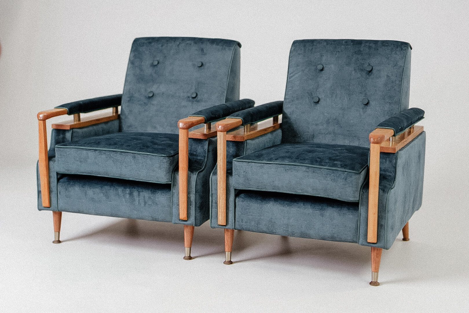 Mid-Century Armchair Pair – Steel Blue Velvet Button Tufting