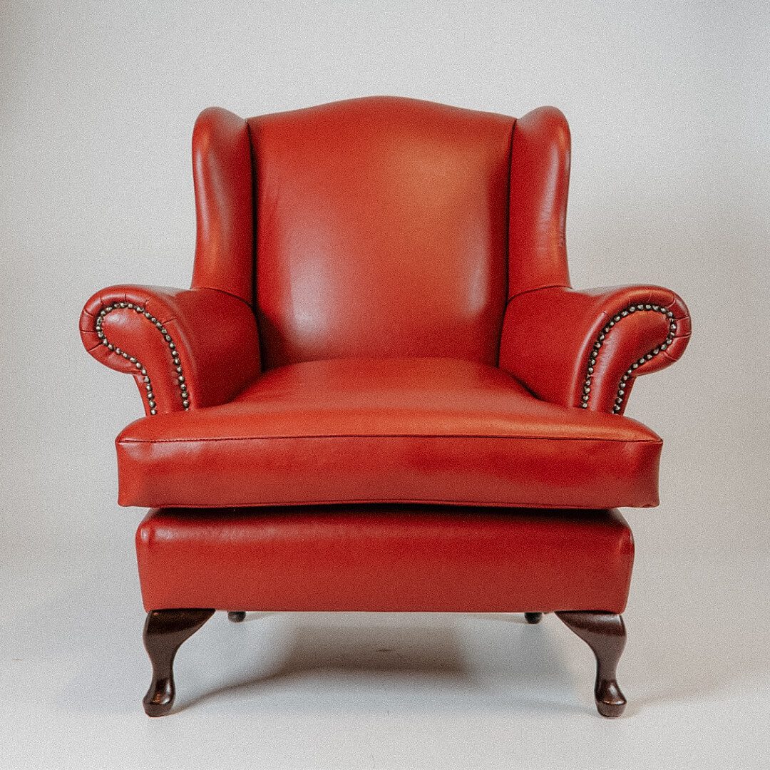 Vintage Wingback Armchair – Red Leather Upholstery